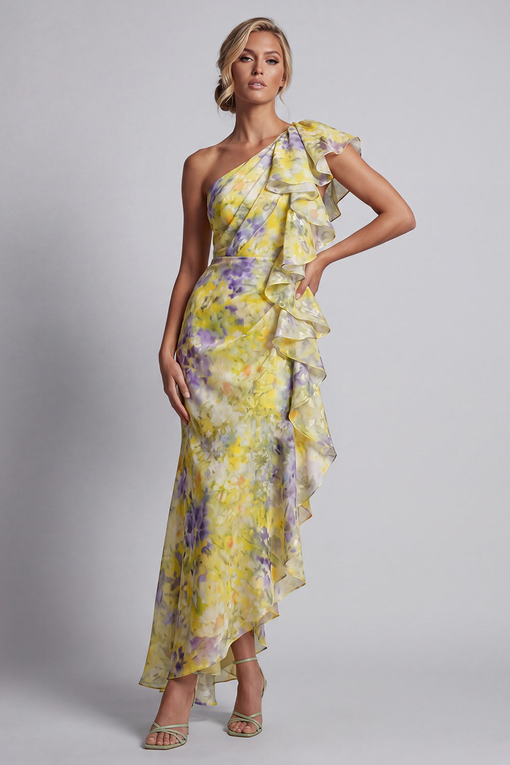 Yellow Floral Mermaid Long Printed Mother of the Bride Dress with Ruffles