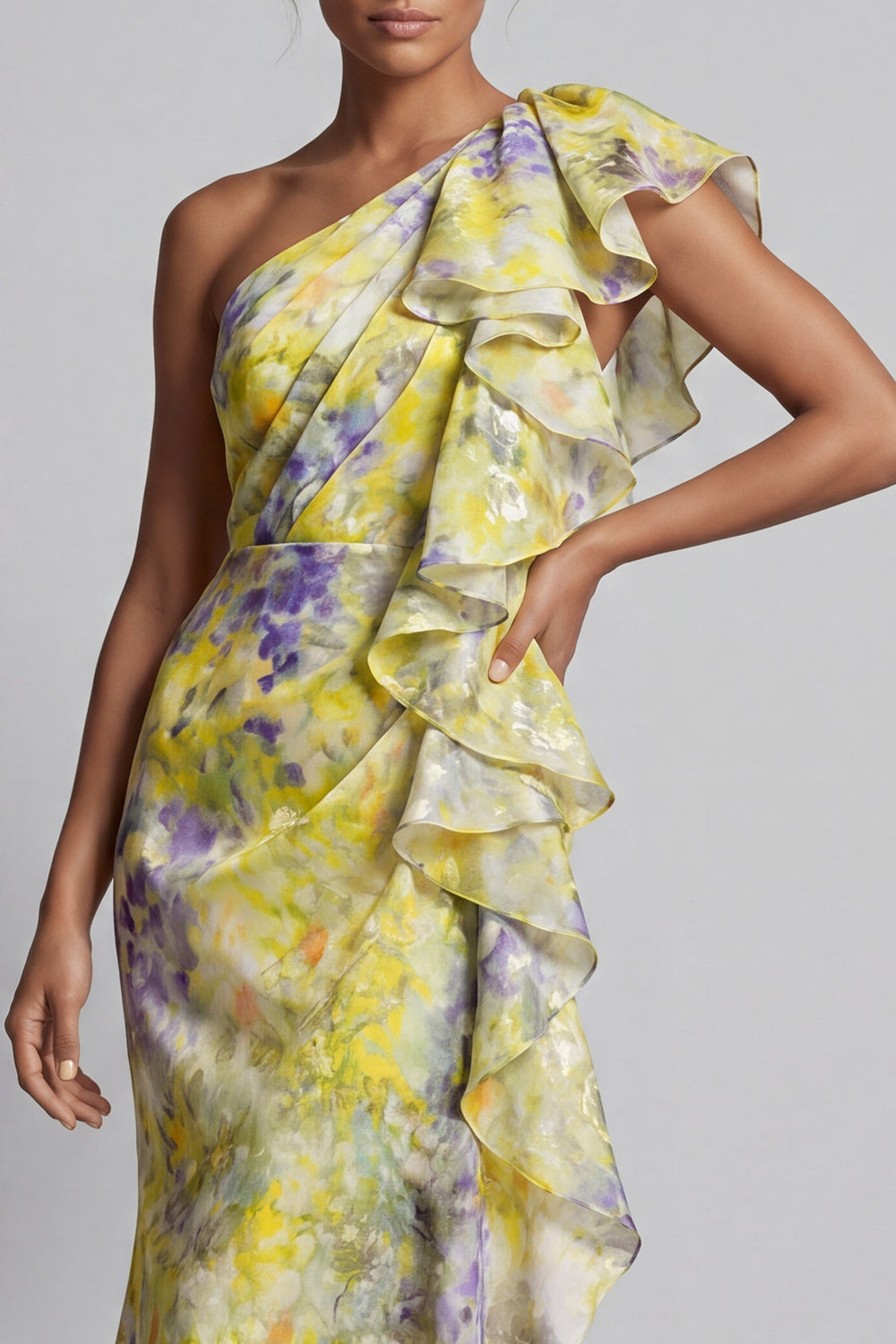 Yellow Floral Mermaid Long Printed Mother of the Bride Dress with Ruffles
