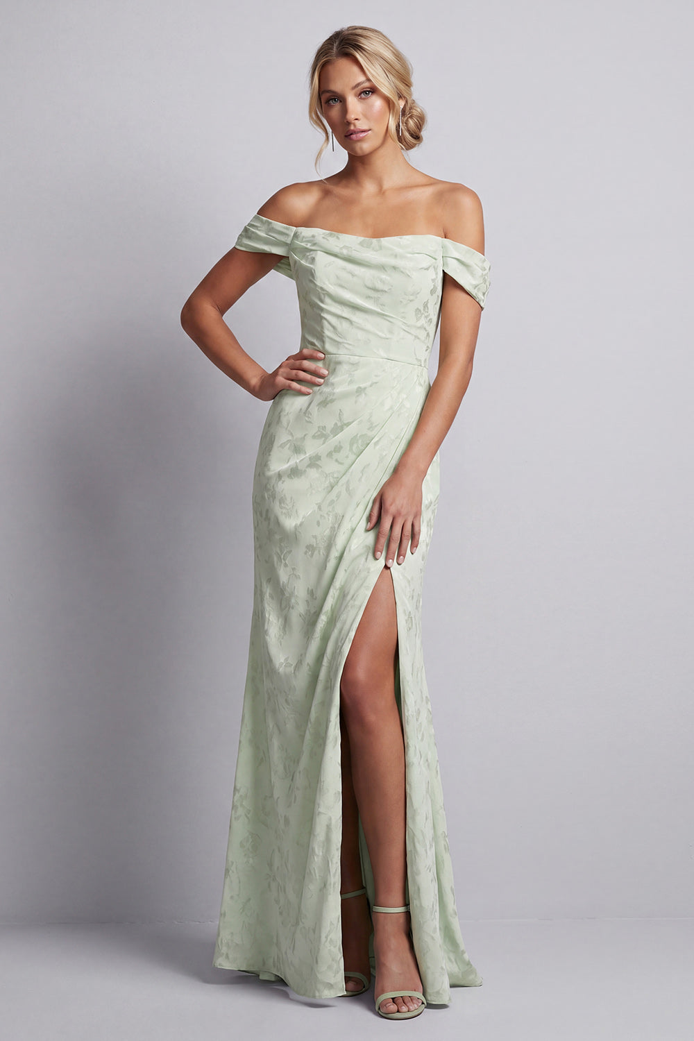 Light Green Ruched Long Mermaid Floral Mother of the Bride Dress with Slit