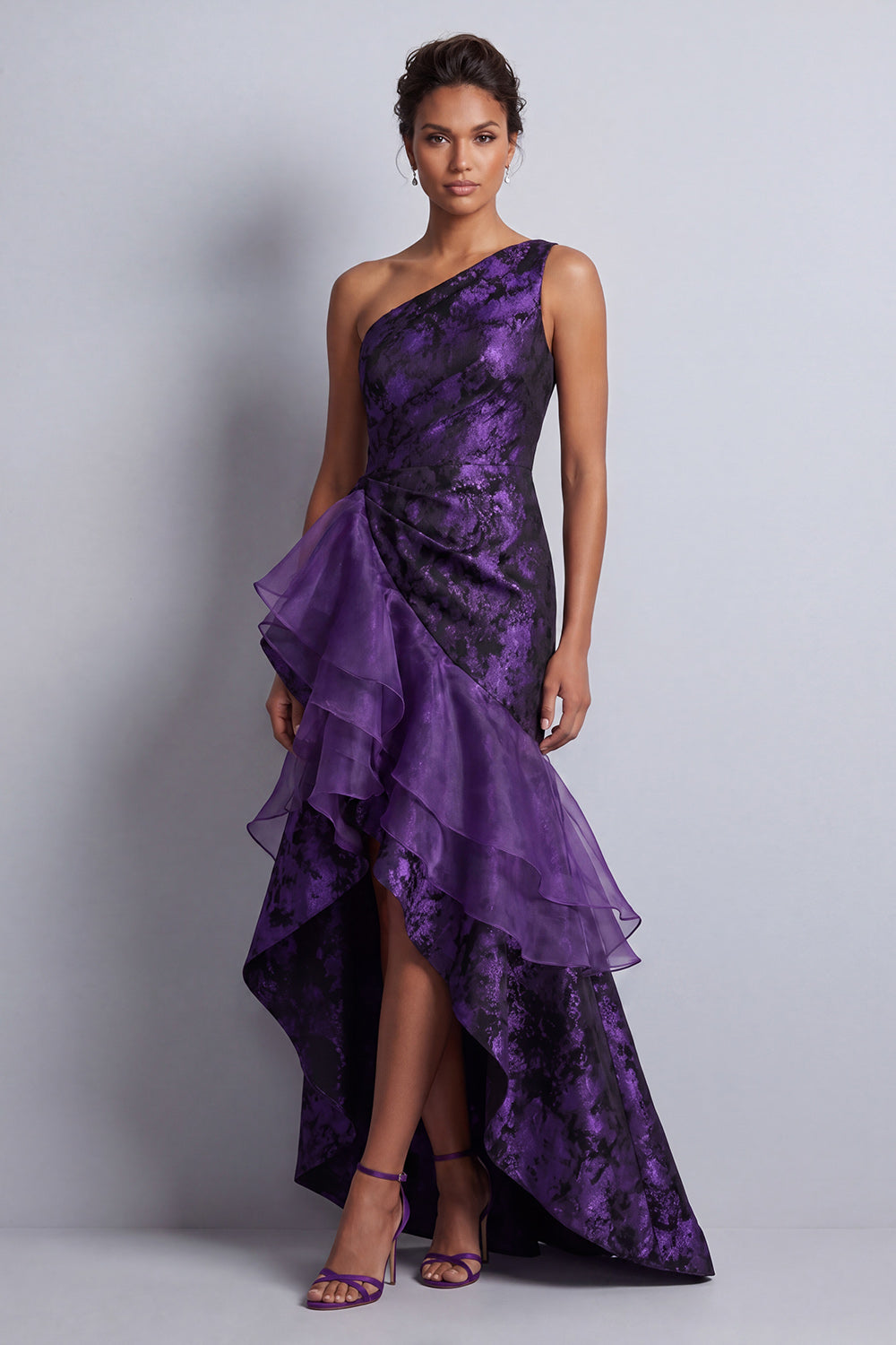 Dark Purple Floral High Low Mermaid Ruched Mother of the Bride Dress with Ruffles