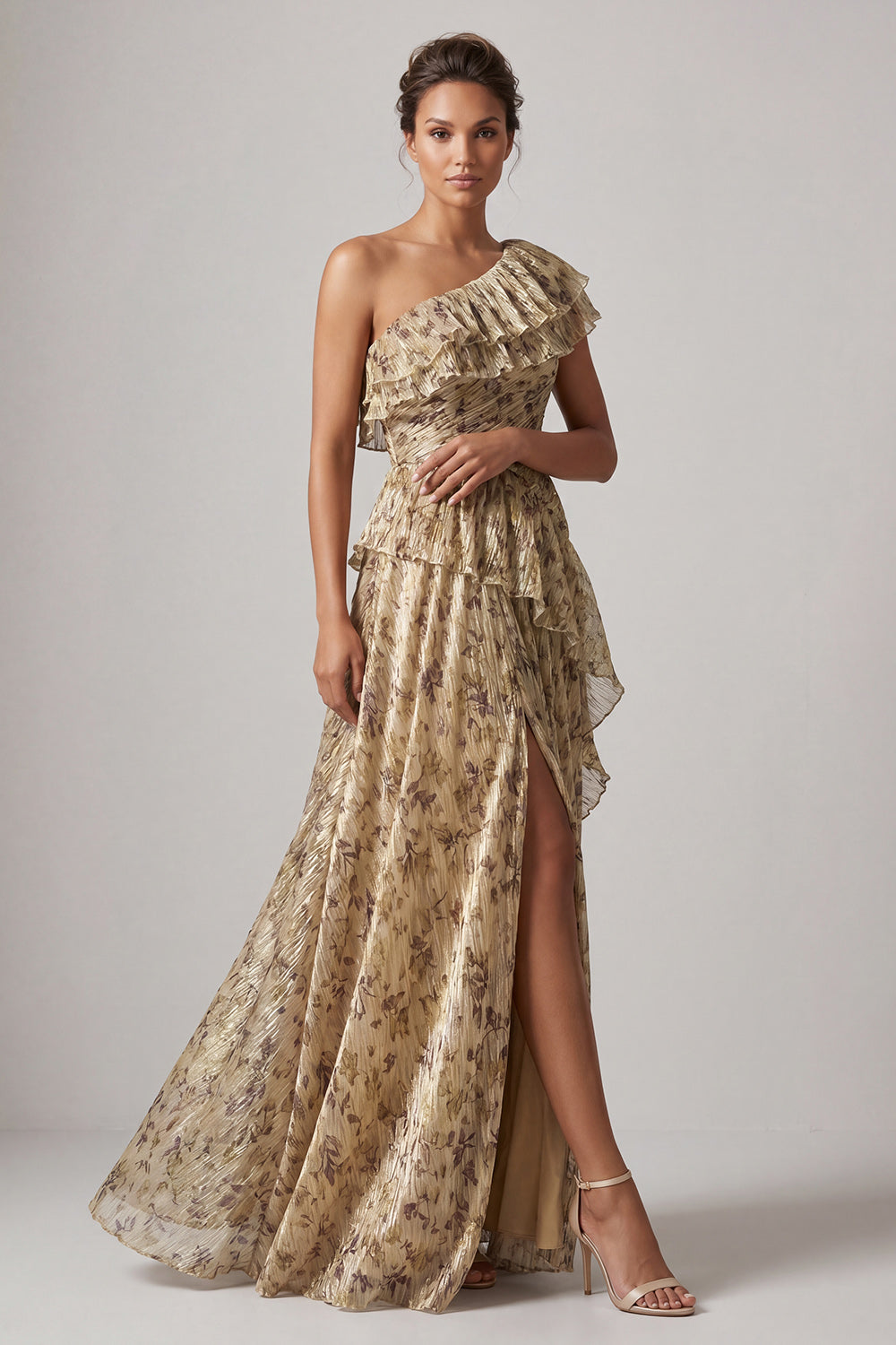 Robe de cocktail longue fendue en champagne à fleurs et volants pour la mère de la mariée