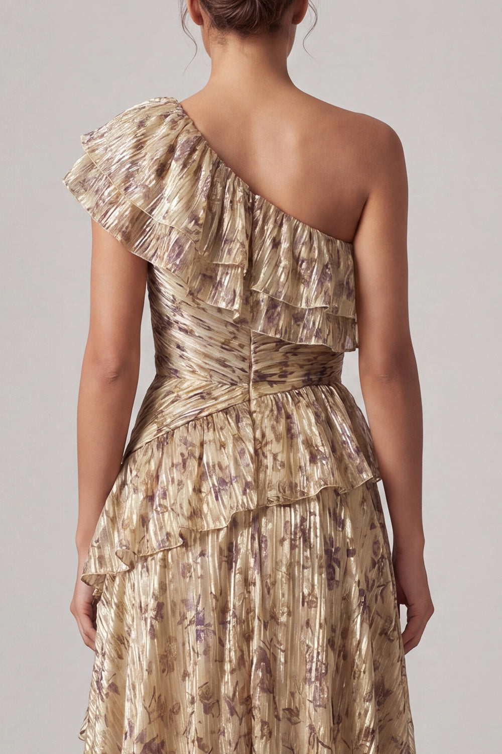 Robe de cocktail longue fendue en champagne à fleurs et volants pour la mère de la mariée