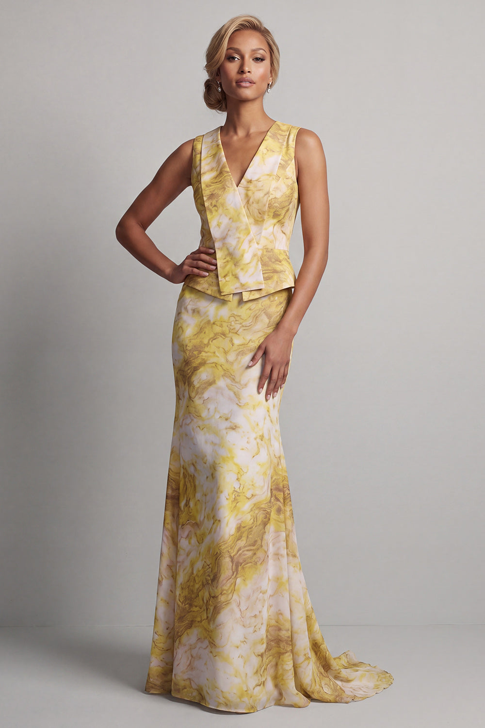 Floral Mermaid Long Printed Yellow Mother of the Bride Dress with Sash