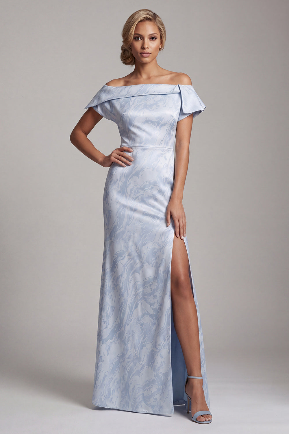 Robe longue de mère de la mariée sirène, bleu ciel, à fleurs, avec fente