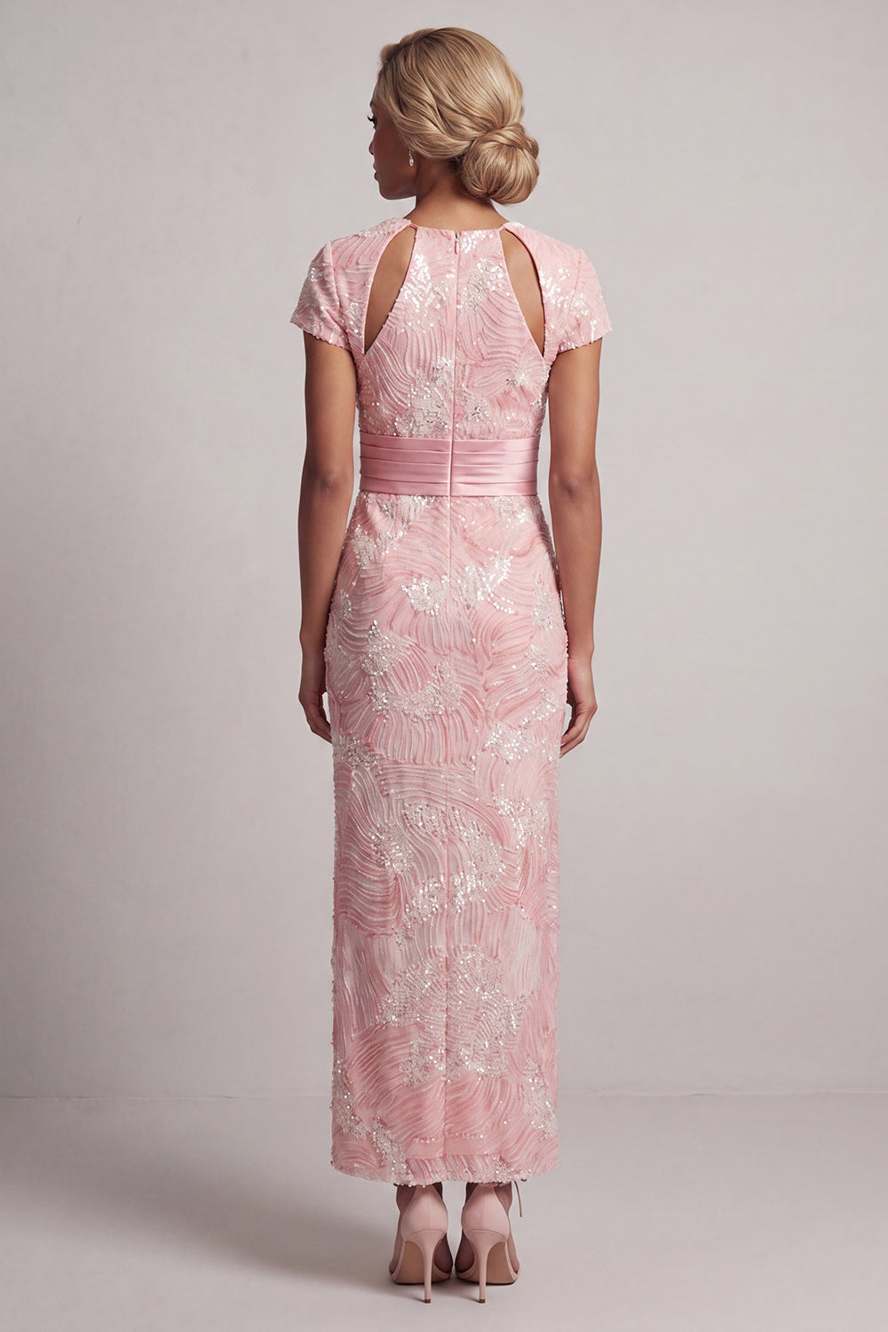Sparkly Blush Long Sheath Short Sleeves Keyhole Beaded Mother of the Bride Dress