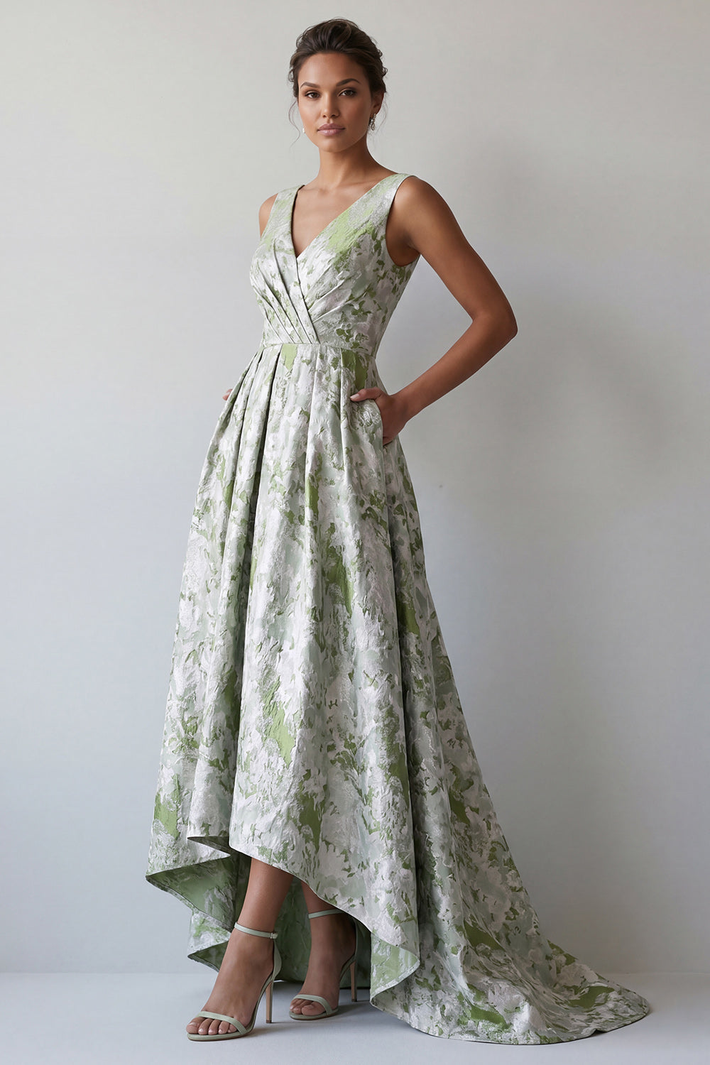 A-Line Light Green Floral Long Ruched Mother of the Bride Dress with Pockets