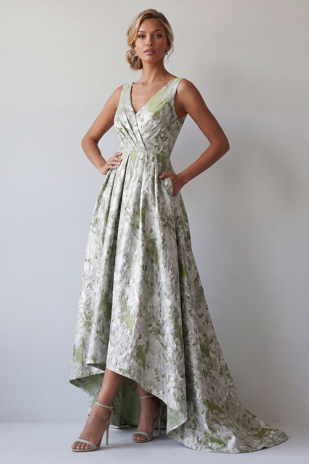 A-Line Light Green Floral Long Ruched Mother of the Bride Dress with Pockets