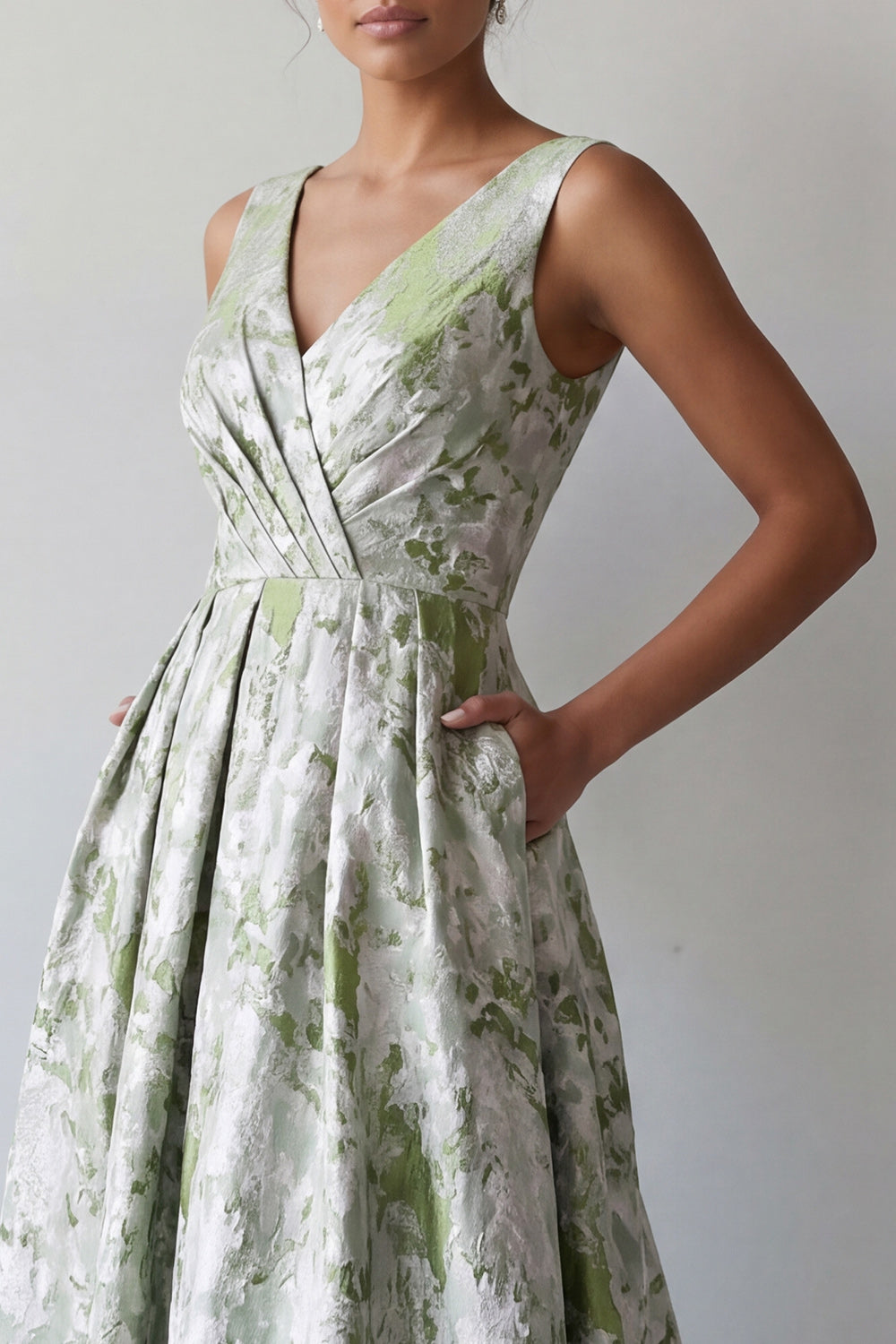 A-Line Light Green Floral Long Ruched Mother of the Bride Dress with Pockets
