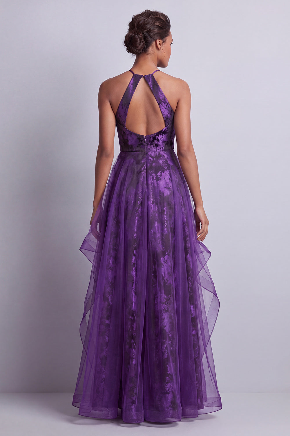 Halter Dark Purple Floral Long A Line Mother of the Bride Dress with Ruffles