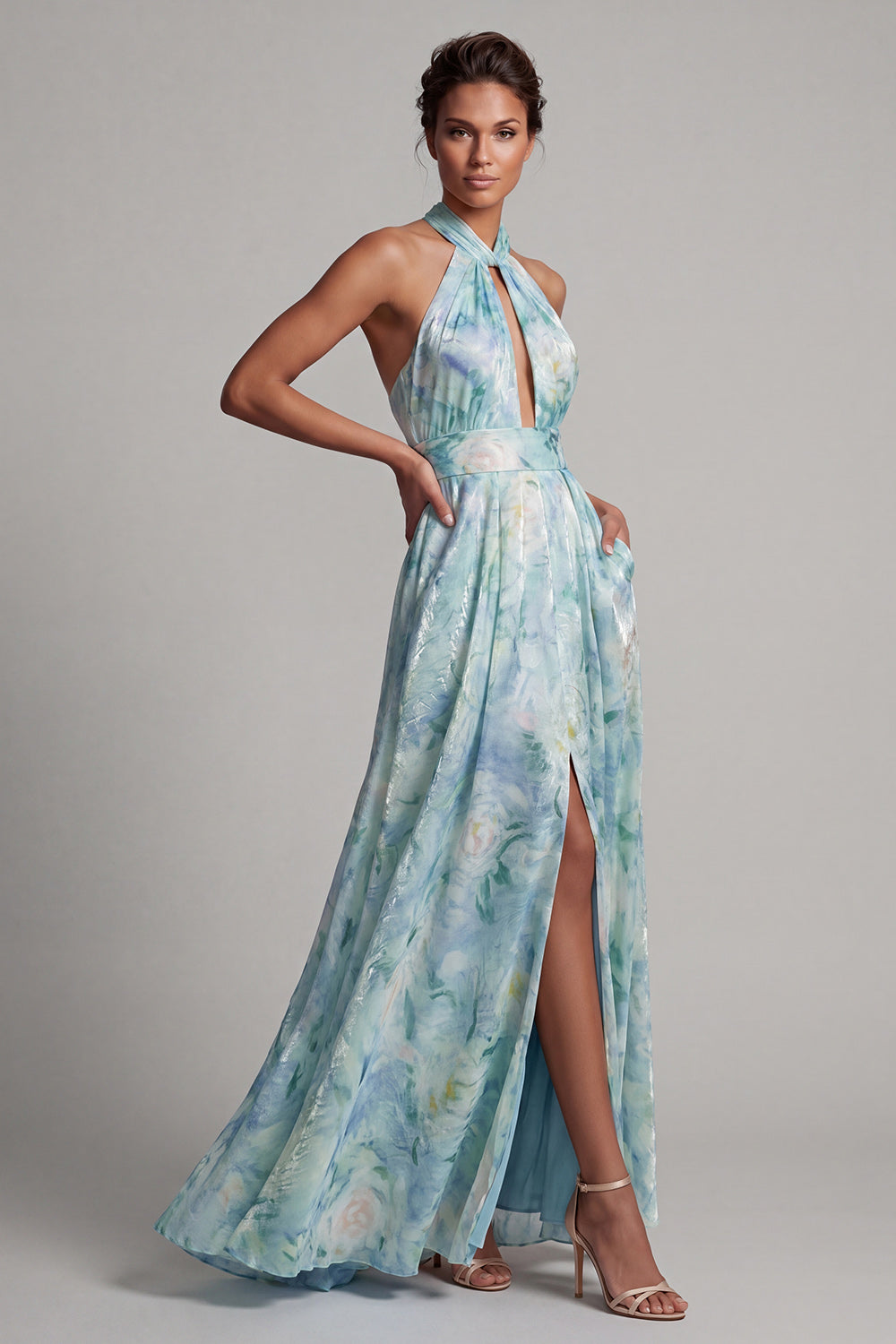 Light Green Keyhole A Line Floral Long Mother of the Bride Dress with Pockets