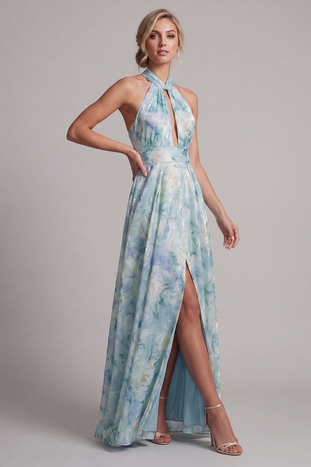 Light Green Keyhole A Line Floral Long Mother of the Bride Dress with Pockets
