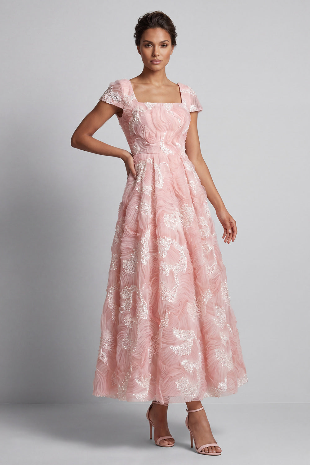 Sparkly Square Neck Blush Long A Line Beaded Mother of the Bride Dress