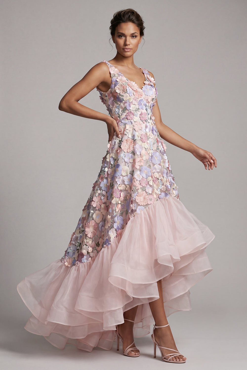 A Line Blush High Low Floral V-Neck Mother of the Bride Dress with Ruffles