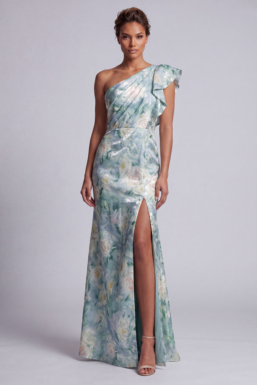 Vestido Largo de Madre de la Novia Sirena con Volantes, Floral Verde Claro y Abertura