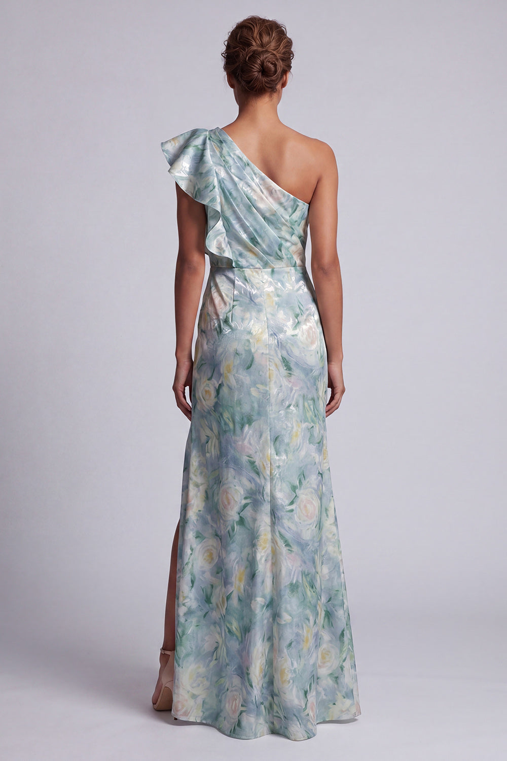 Vestido Largo de Madre de la Novia Sirena con Volantes, Floral Verde Claro y Abertura