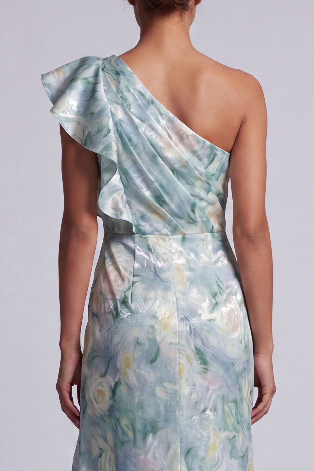 Vestido Largo de Madre de la Novia Sirena con Volantes, Floral Verde Claro y Abertura