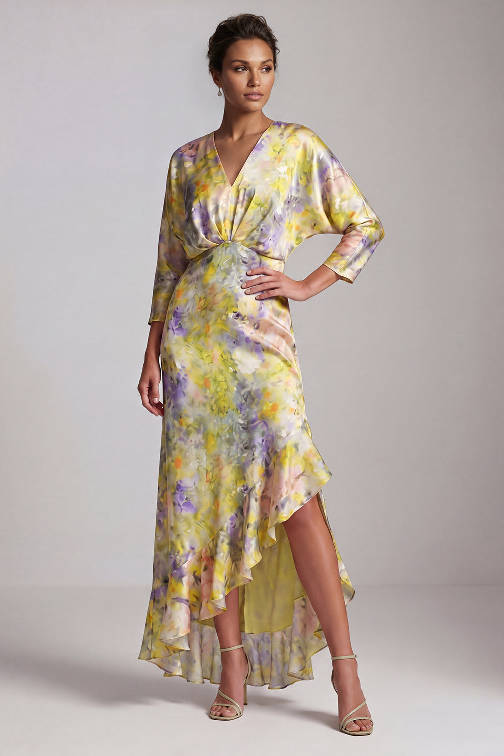V Neck Yellow Ruffled High Low Mother Of the Bride Dress