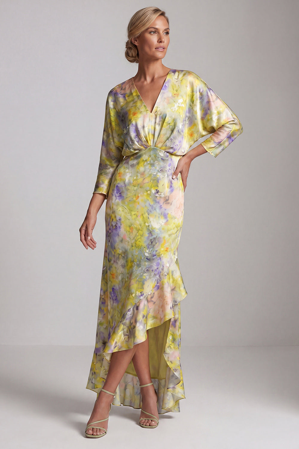 V Neck Yellow Ruffled High Low Mother Of the Bride Dress