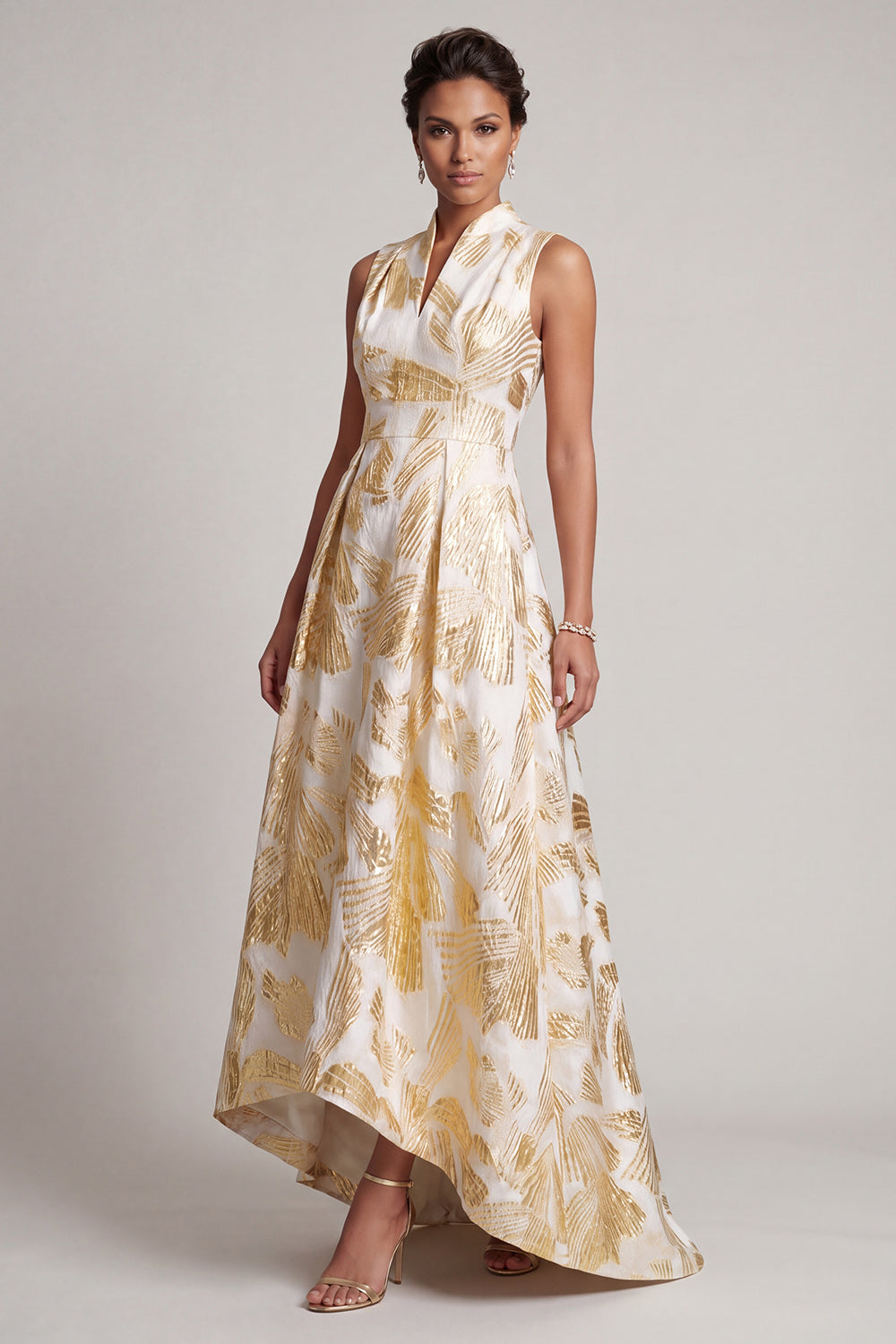 Champagne A-Line Printed High-Low Mother of the Bride Dress