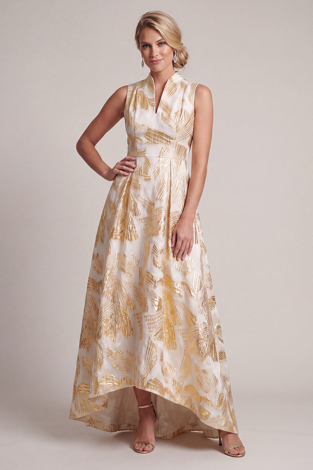 Champagne A-Line Printed High-Low Mother of the Bride Dress