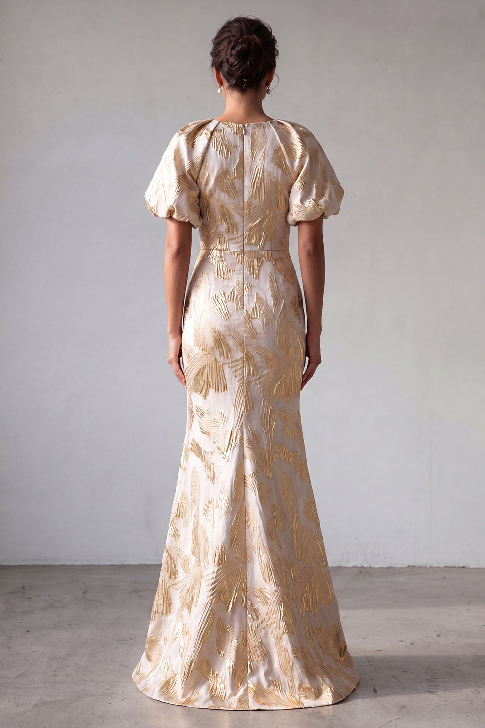 Champagne Mermaid Puff Sleeve Printed Mother Of the Bride Dress