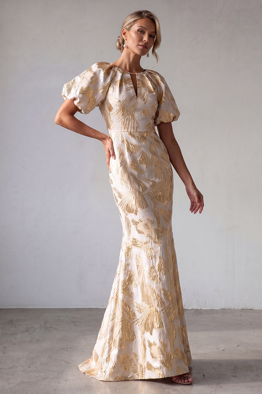 Champagne Mermaid Puff Sleeve Printed Mother Of the Bride Dress