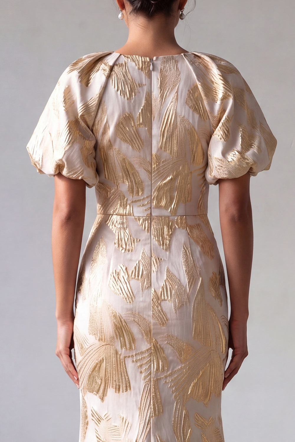 Champagne Mermaid Puff Sleeve Printed Mother Of the Bride Dress