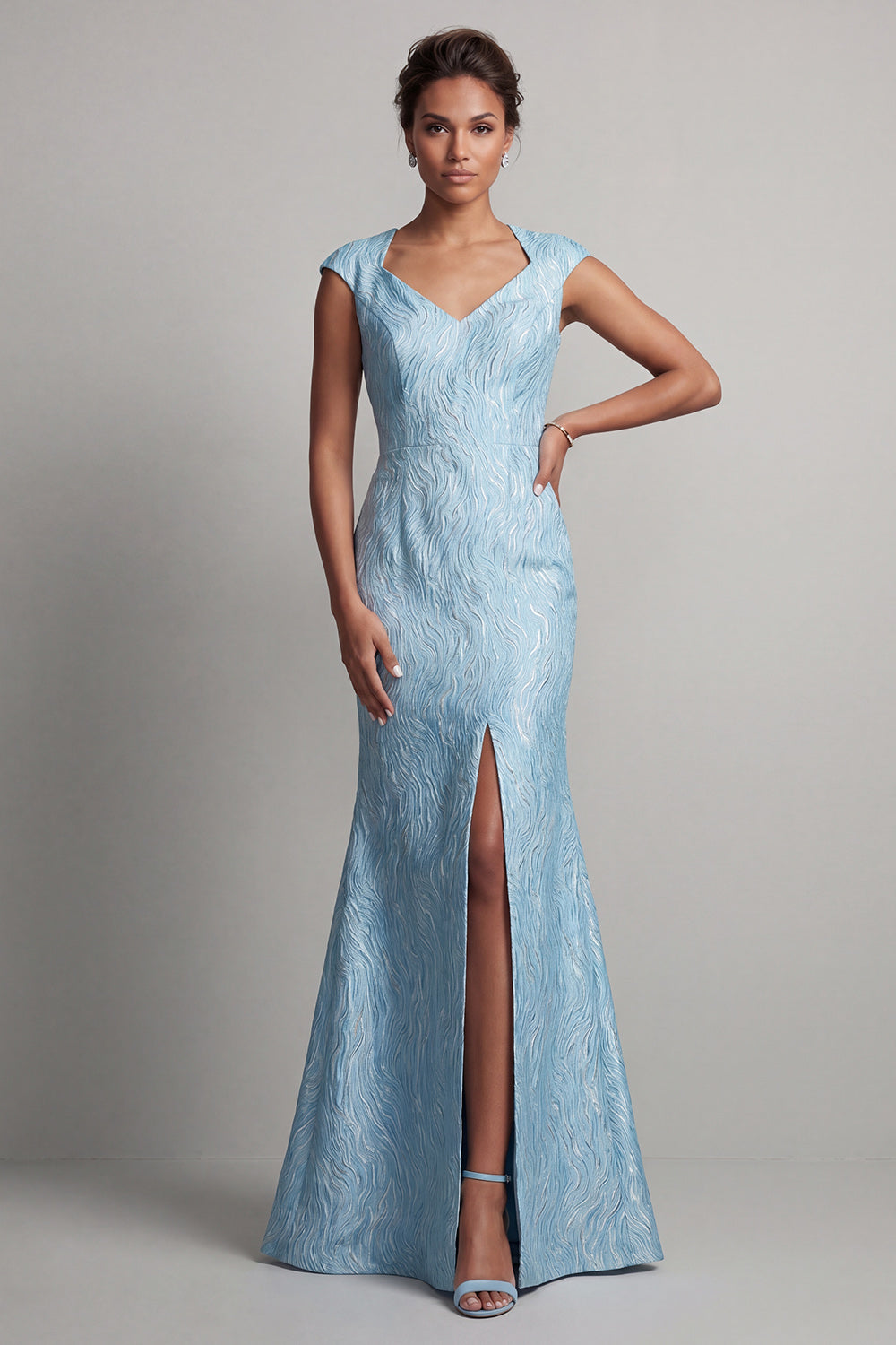 Robe Mère de la Mariée Sirène Bleue à Manches Courtes avec Fente