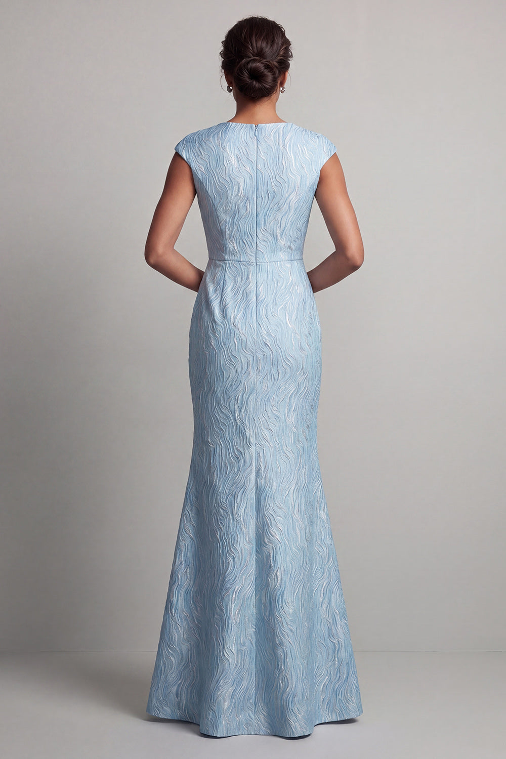 Robe Mère de la Mariée Sirène Bleue à Manches Courtes avec Fente