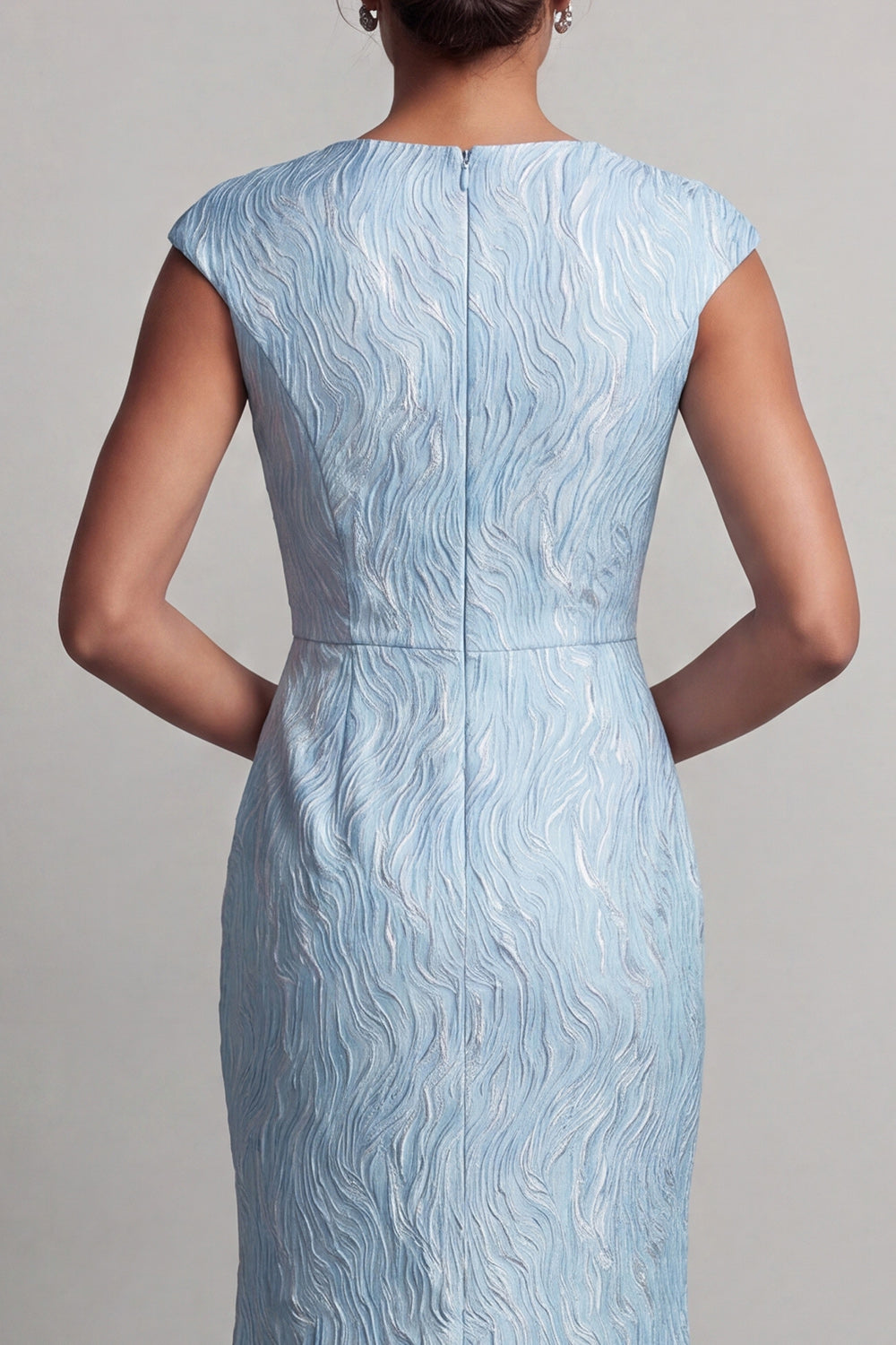 Robe Mère de la Mariée Sirène Bleue à Manches Courtes avec Fente
