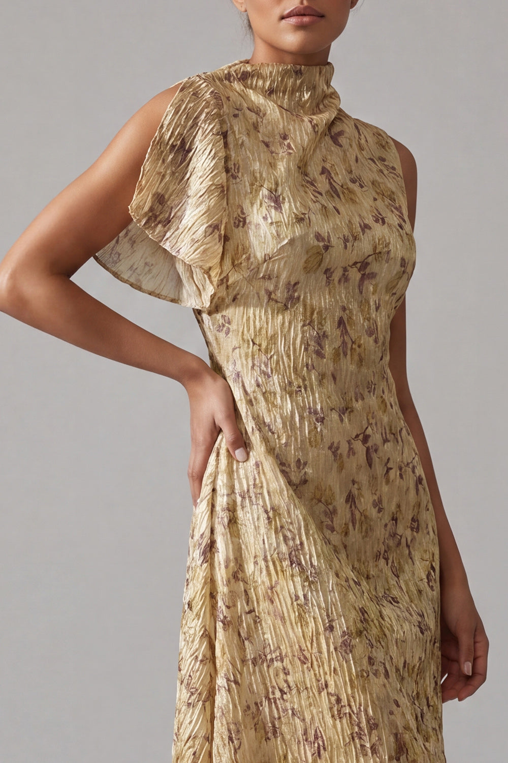 High Neck Printed A Line Champagne Mother Of the Bride Dress