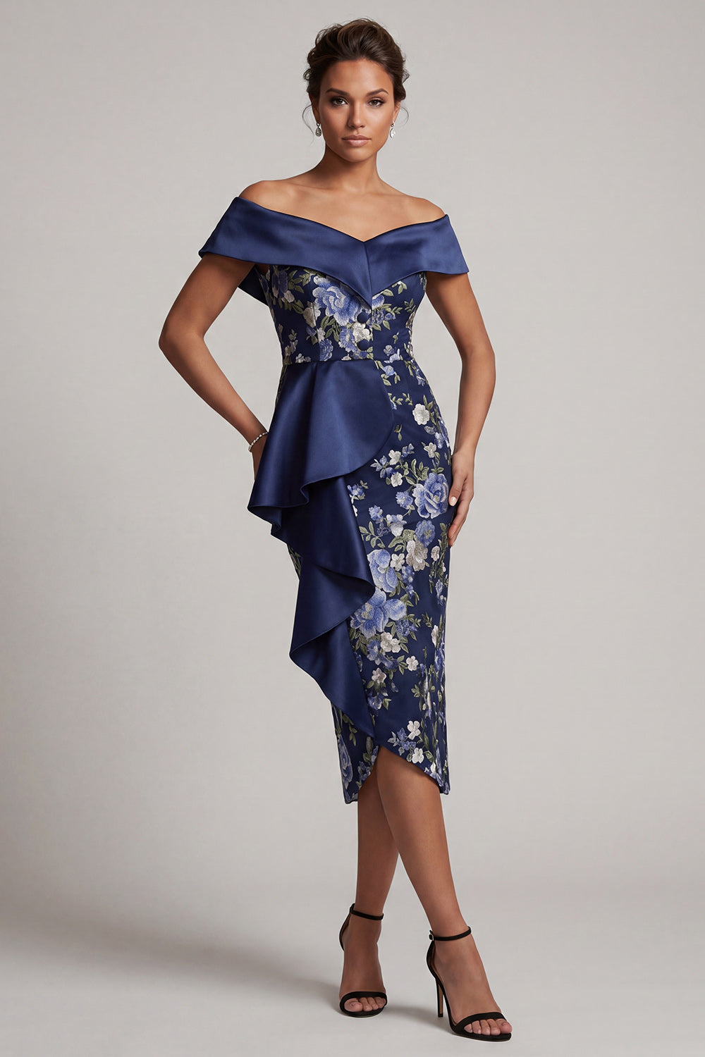 Off the Shoulder Navy Floral Bodycon Midi Mother Of the Bride Dress with Ruffles