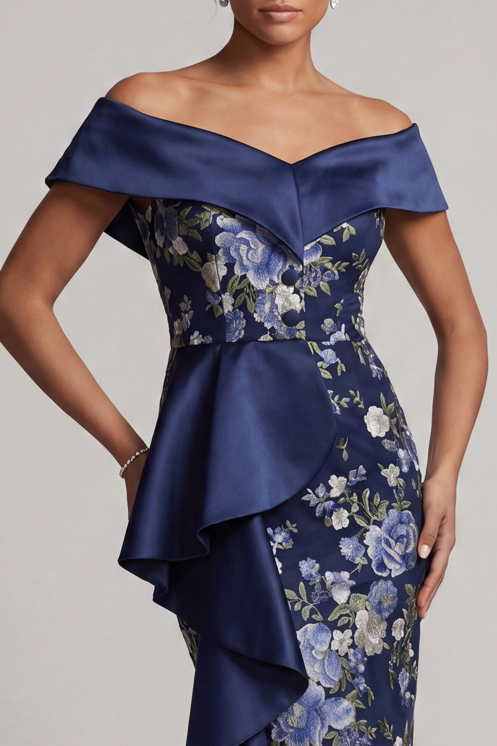 Off the Shoulder Navy Floral Bodycon Midi Mother Of the Bride Dress with Ruffles