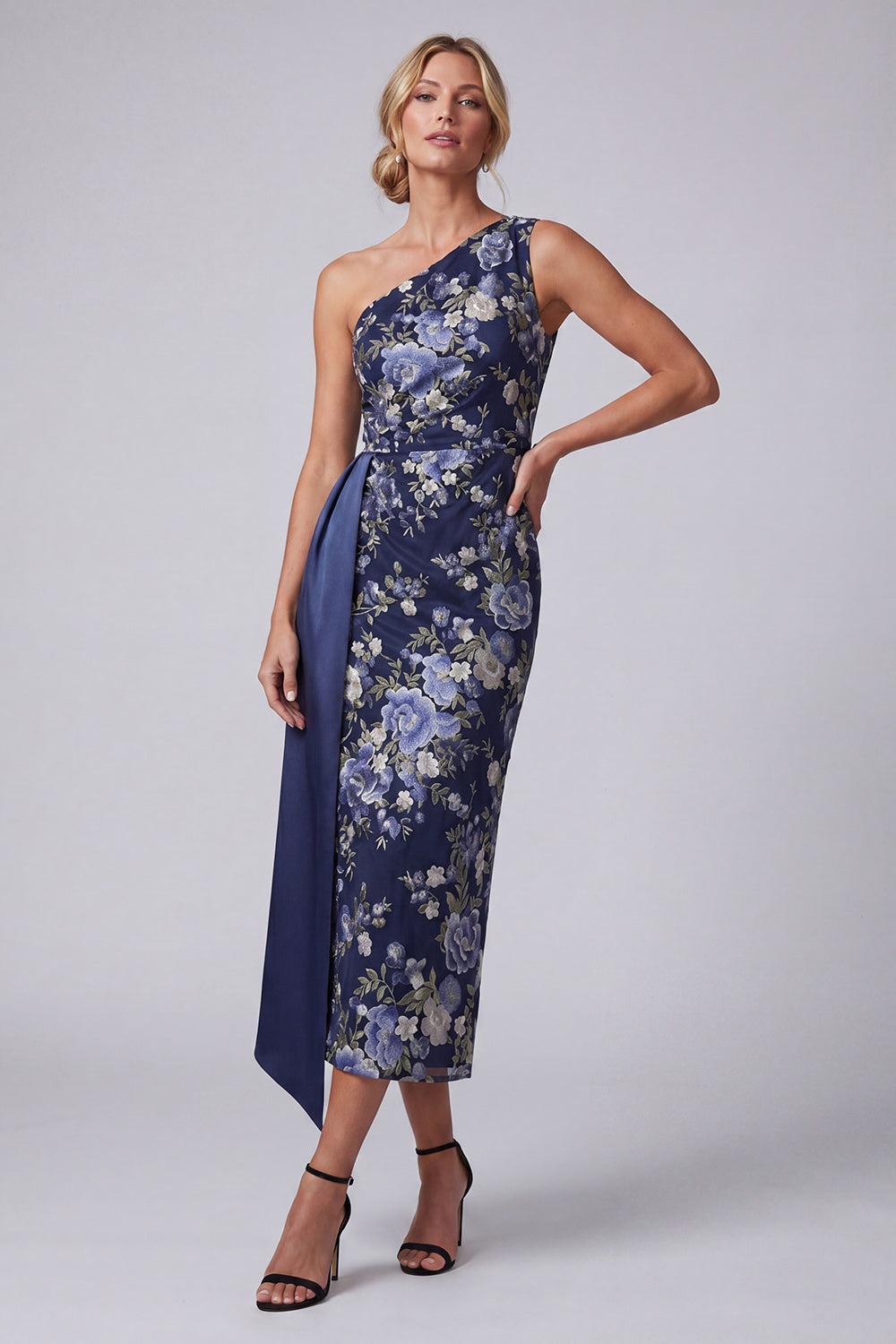 One Shoulder Navy Floral Bodycon Midi Mother Of the Bride Dress with Sash