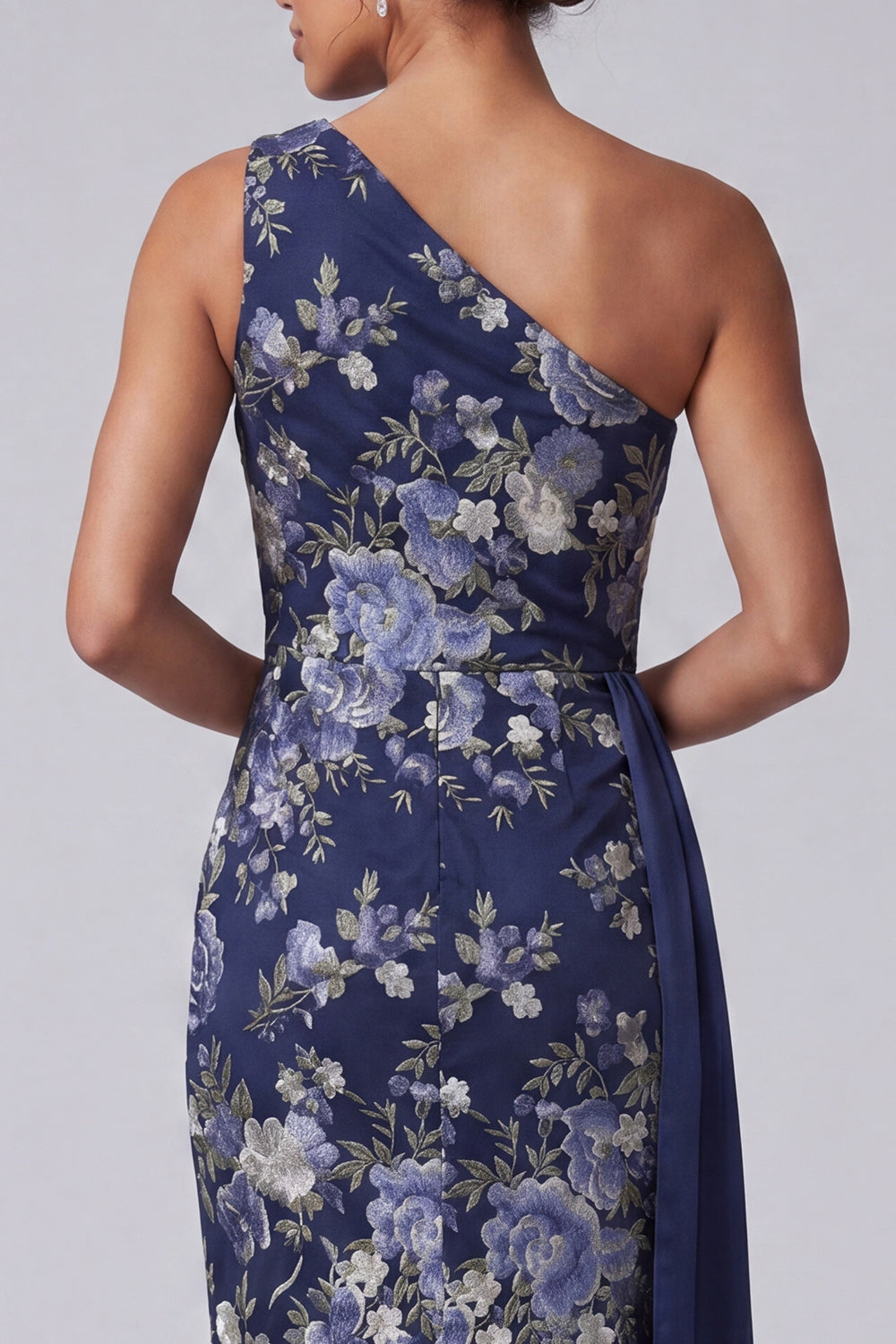 One Shoulder Navy Floral Bodycon Midi Mother Of the Bride Dress with Sash