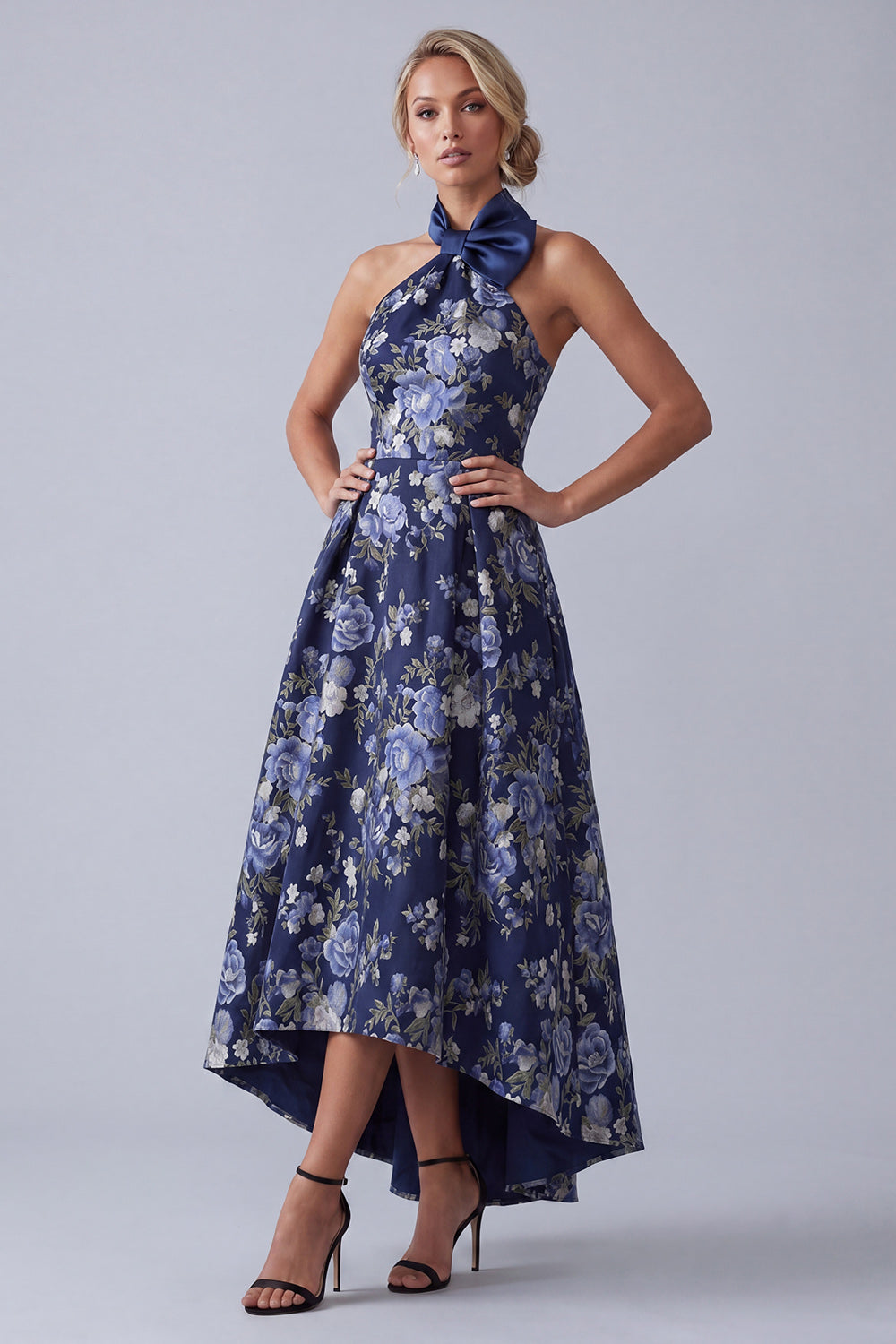 A-Line Navy Floral Halter Neck Jacquard High Low Mother Of the Bride Dress