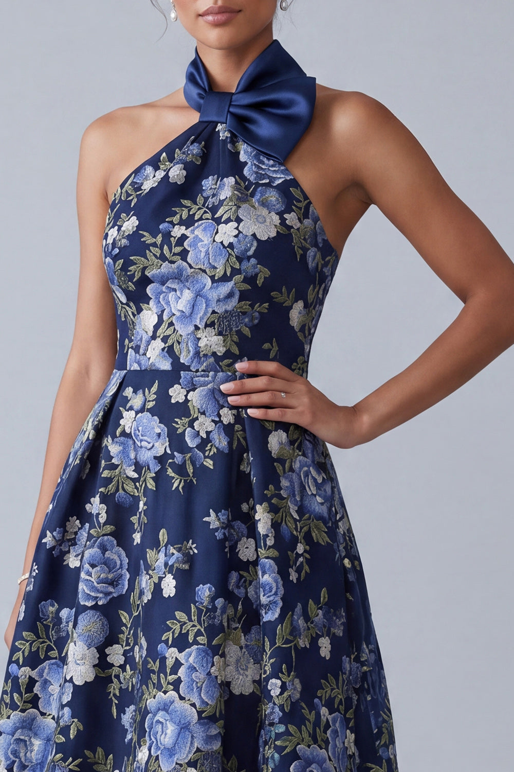 A-Line Navy Floral Halter Neck Jacquard High Low Mother Of the Bride Dress