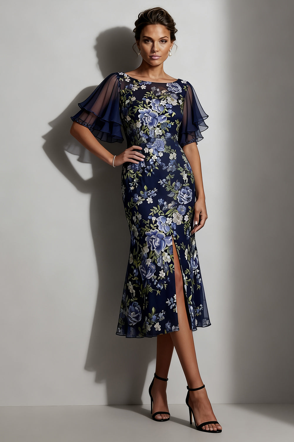 Mermaid Navy Floral Jacquard Bateau Neck Midi Mother Of the Bride Dress with Slit