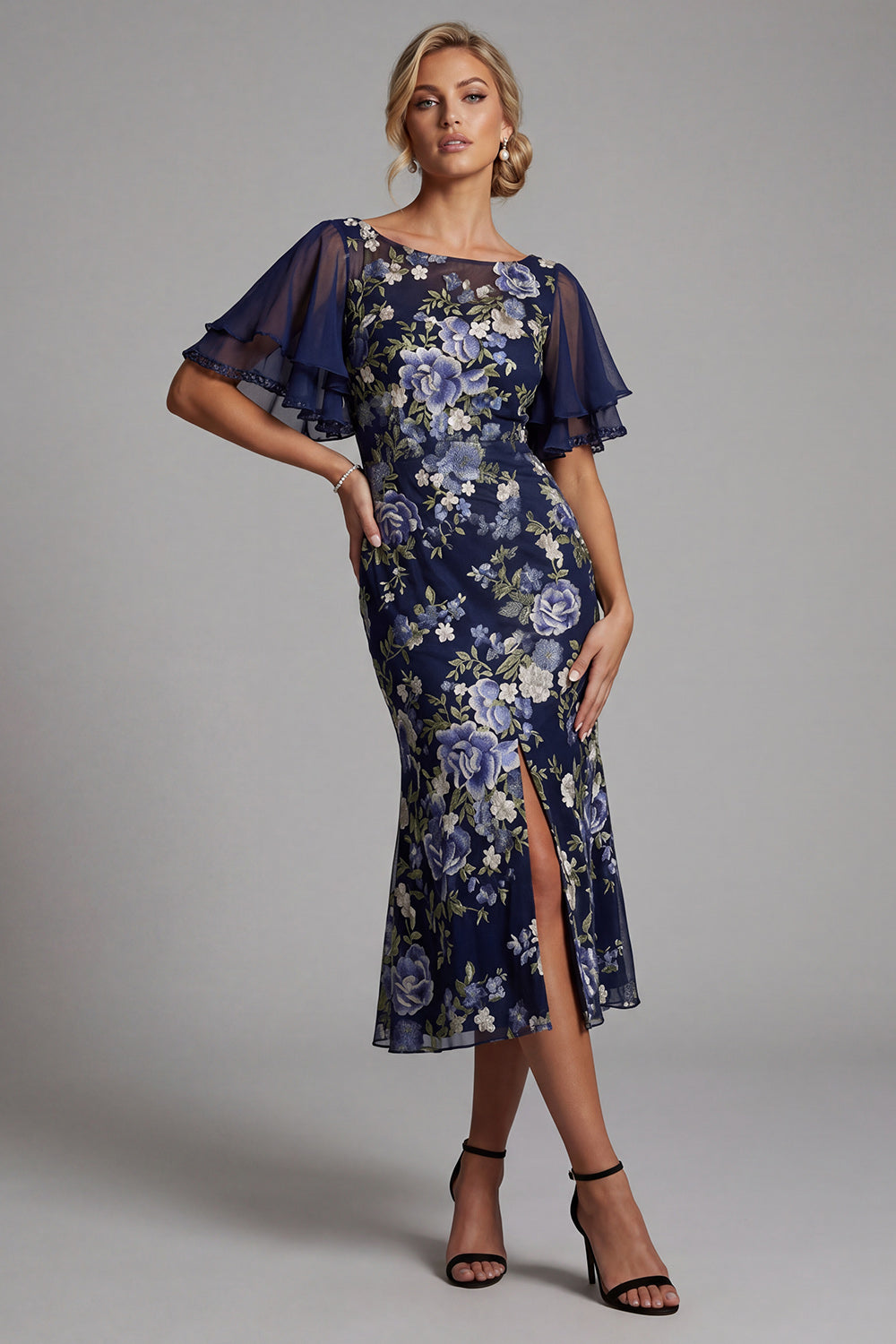 Mermaid Navy Floral Jacquard Bateau Neck Midi Mother Of the Bride Dress with Slit