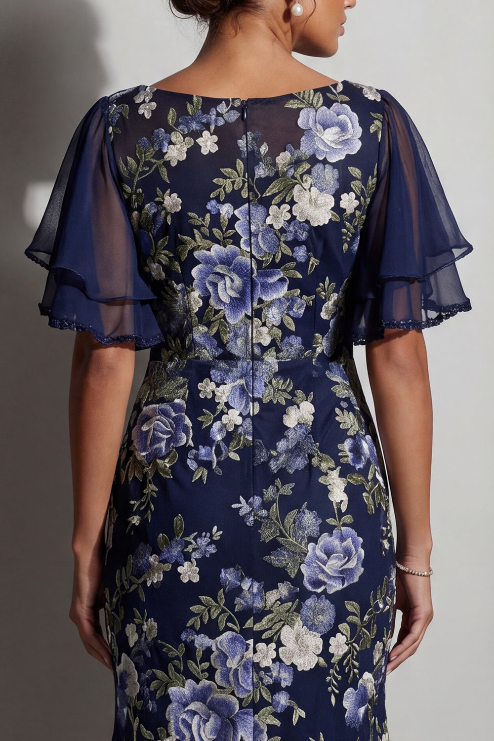 Mermaid Navy Floral Jacquard Bateau Neck Midi Mother Of the Bride Dress with Slit