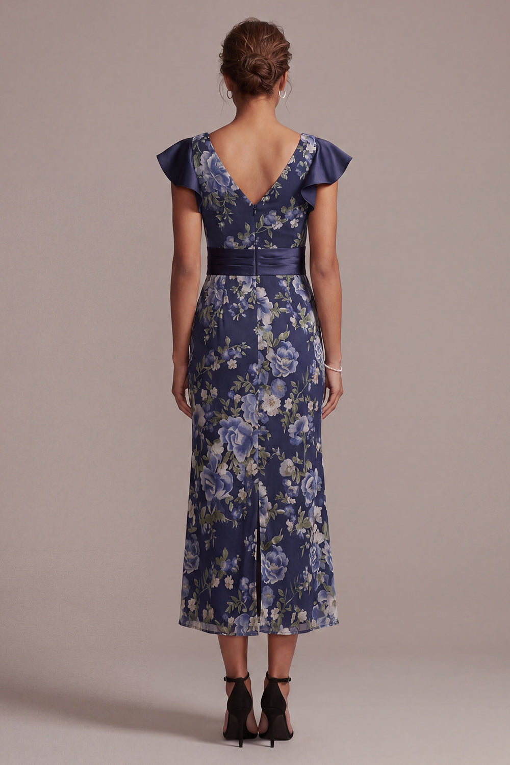 Robe mi-longue sirène en jacquard, bleu marine à fleurs, avec décolleté en V et fente, pour la mère de la mariée