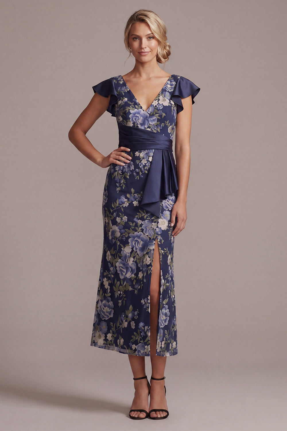 Robe mi-longue sirène en jacquard, bleu marine à fleurs, avec décolleté en V et fente, pour la mère de la mariée