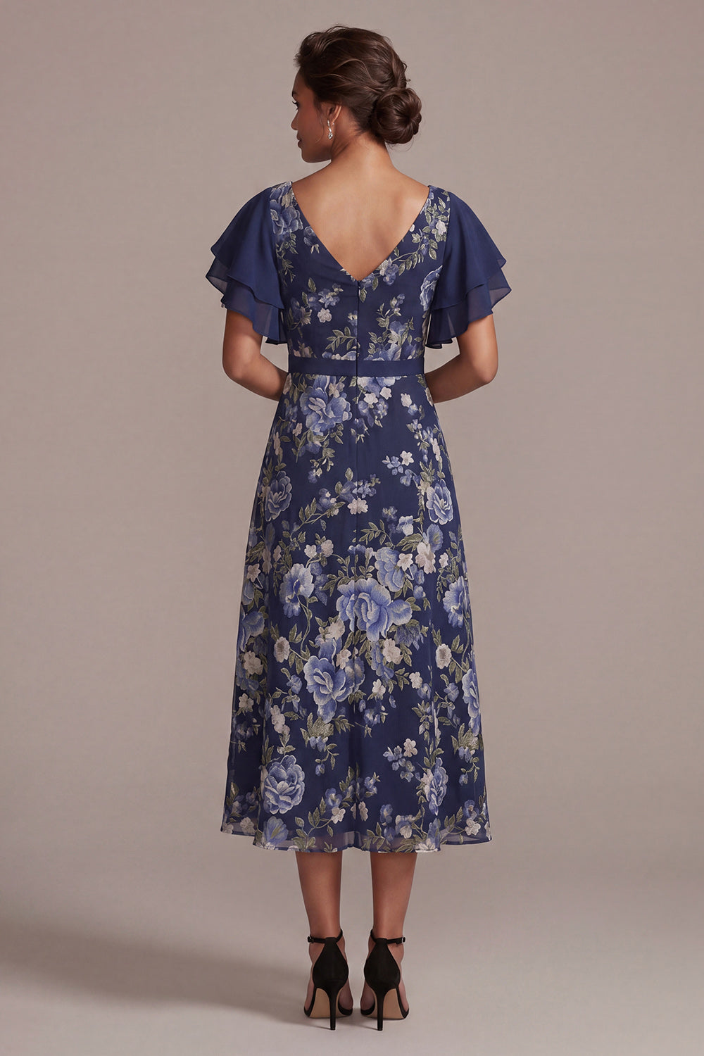 Navy A-Line Floral V-Neck Midi Mother Of the Bride Dress with Slit