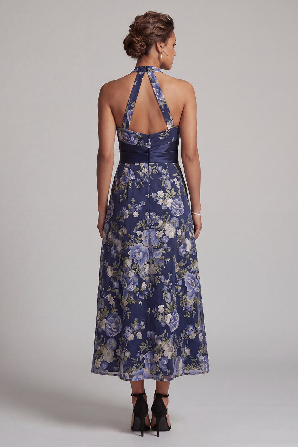Navy A-Line Halter Neck Floral Midi Mother Of the Bride Dress