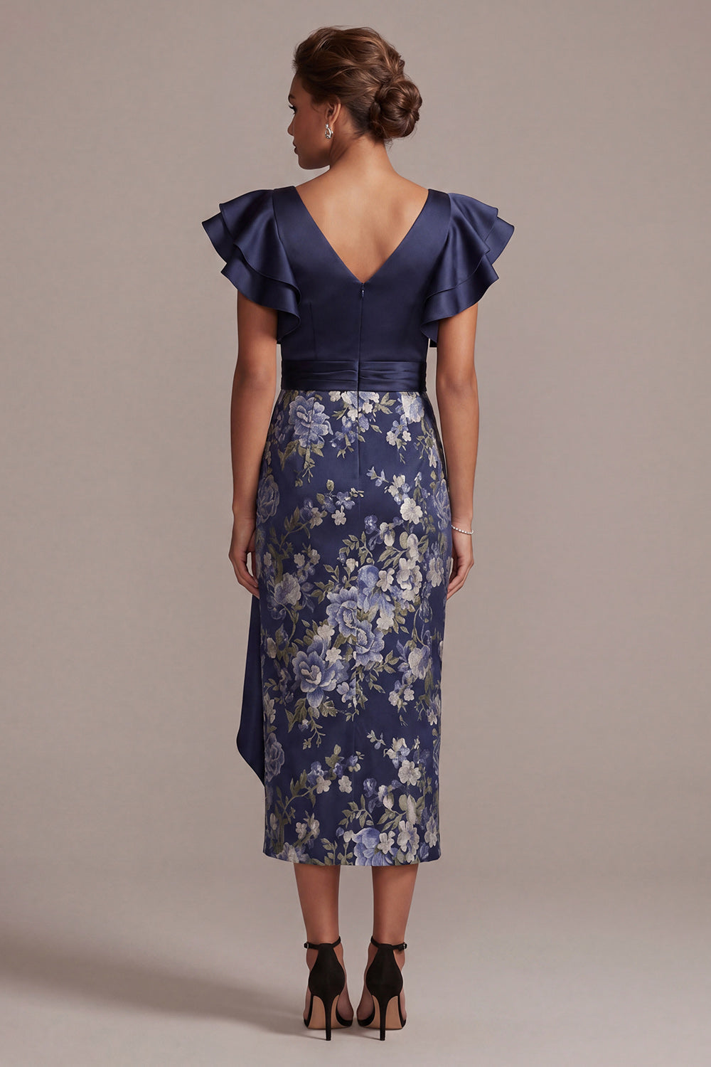 Navy Floral Bodycon V-Neck Ruffled Midi Mother Of the Bride Dress with Slit