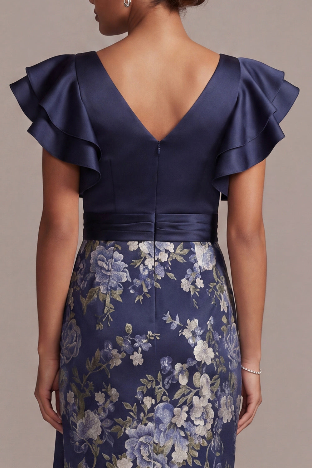 Navy Floral Bodycon V-Neck Ruffled Midi Mother Of the Bride Dress with Slit