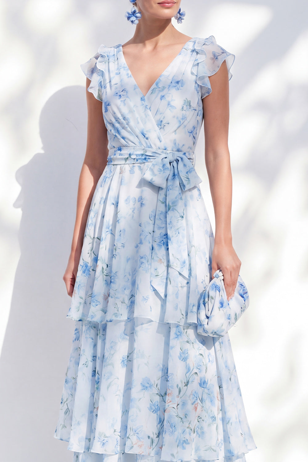 Chiffon A-Line Blue Floral V-Neck Tiered Ruffled Long Mother Of the Bride Dress with Belt