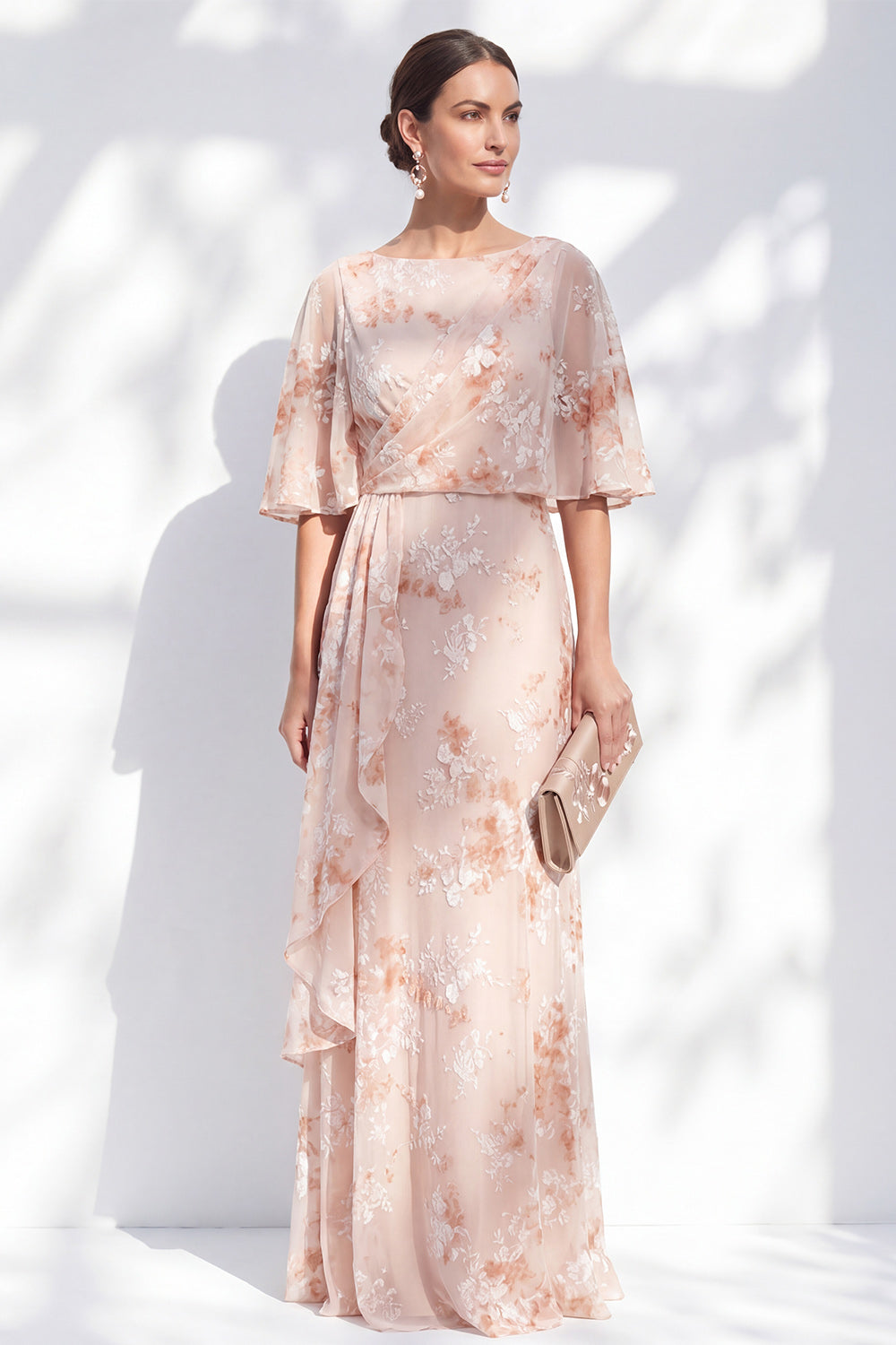 Mermaid Champagne Floral Bateau Neck Ruffled Long Mother Of The Bride Dress