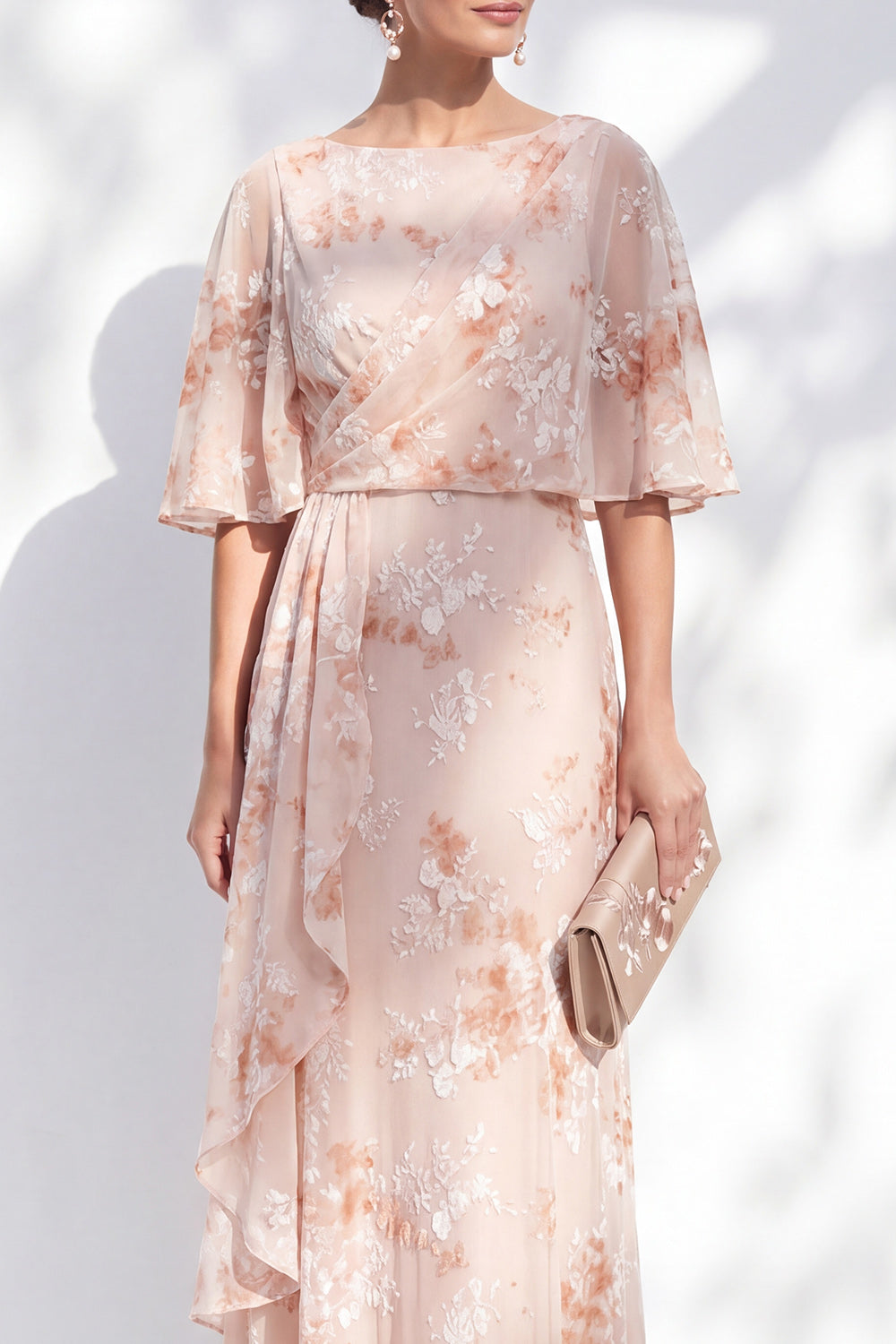Mermaid Champagne Floral Bateau Neck Ruffled Long Mother Of The Bride Dress