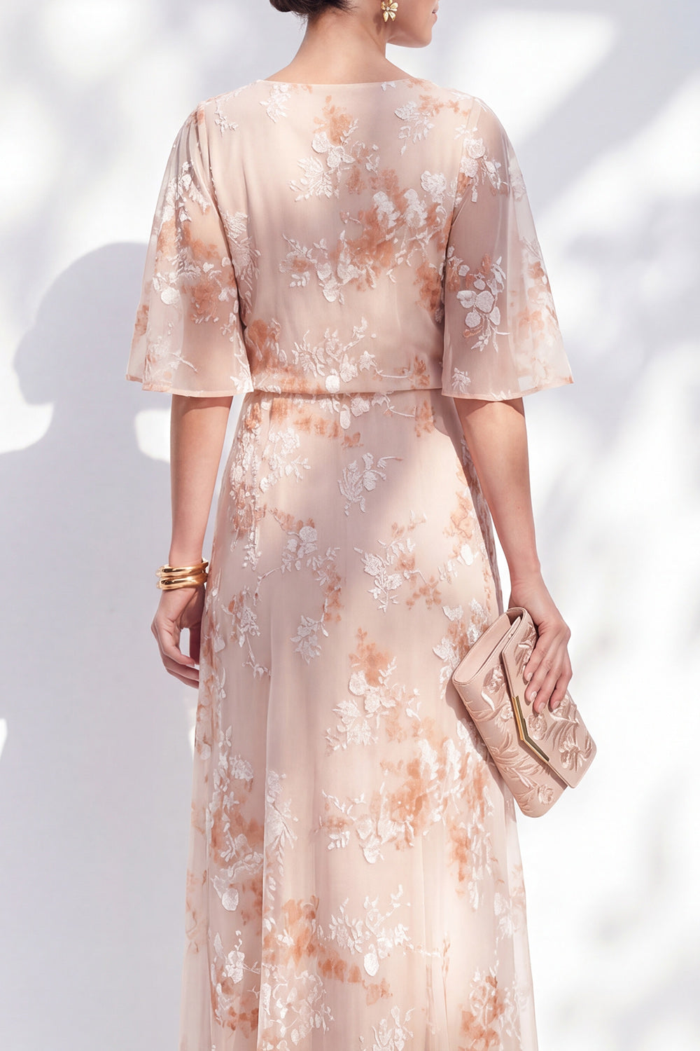 Mermaid Champagne Floral Bateau Neck Ruffled Long Mother Of The Bride Dress